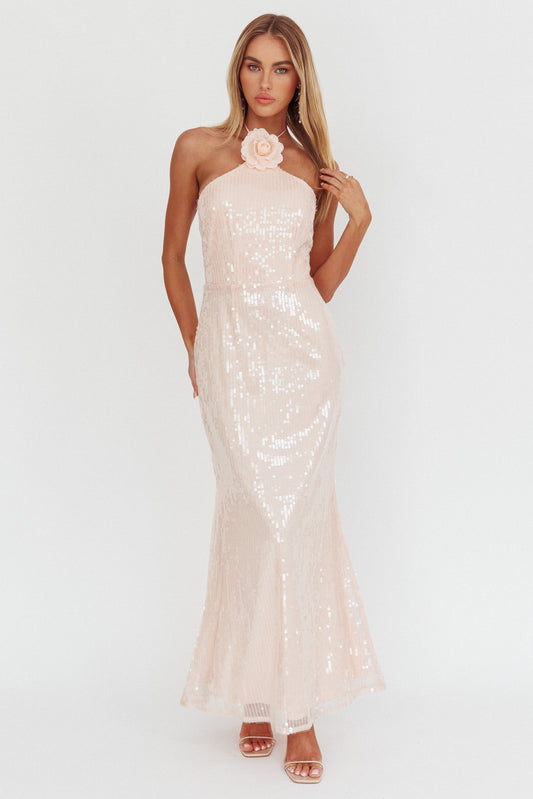 Abito con scollo a V e decorazione floreale High Roller, paillettes rosa