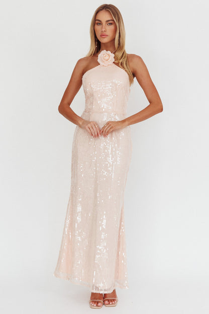 Abito con scollo a V e decorazione floreale High Roller, paillettes rosa