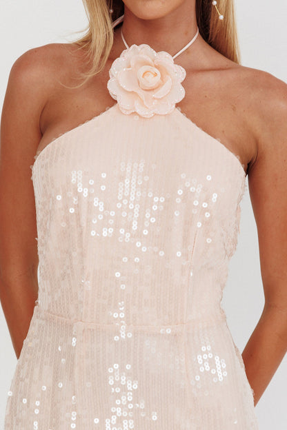 Abito con scollo a V e decorazione floreale High Roller, paillettes rosa