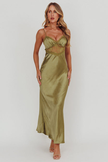 Abito lungo con bordi in pizzo Her Theory Olive