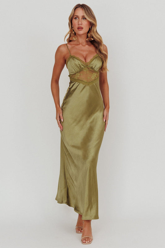 Abito lungo con bordi in pizzo Her Theory Olive