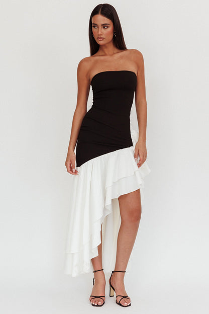 Abito Cha Cha senza spalline con spacco sulla coscia nero/bianco