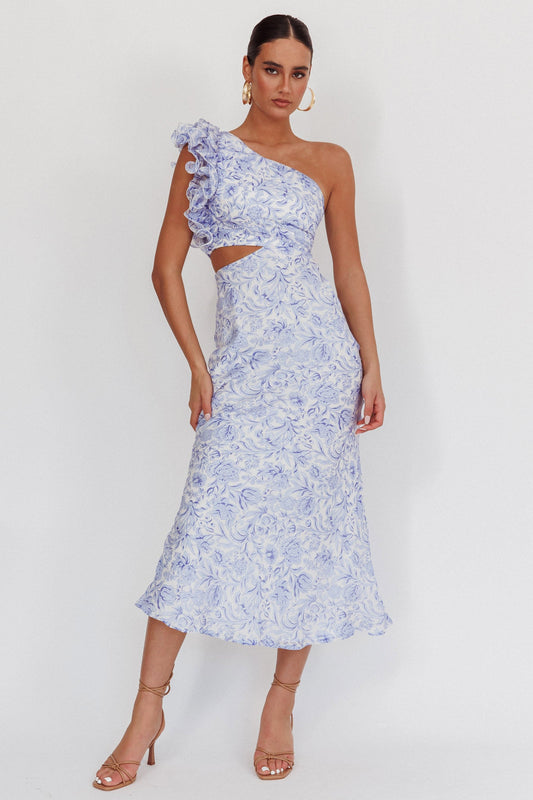 Abito midi monospalla con volant Deanna blu floreale