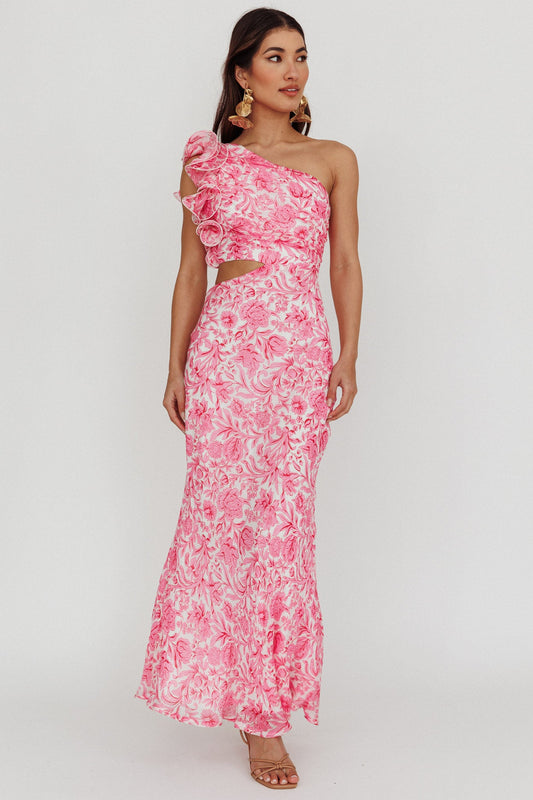 Abito midi monospalla con volant Deanna, rosa floreale