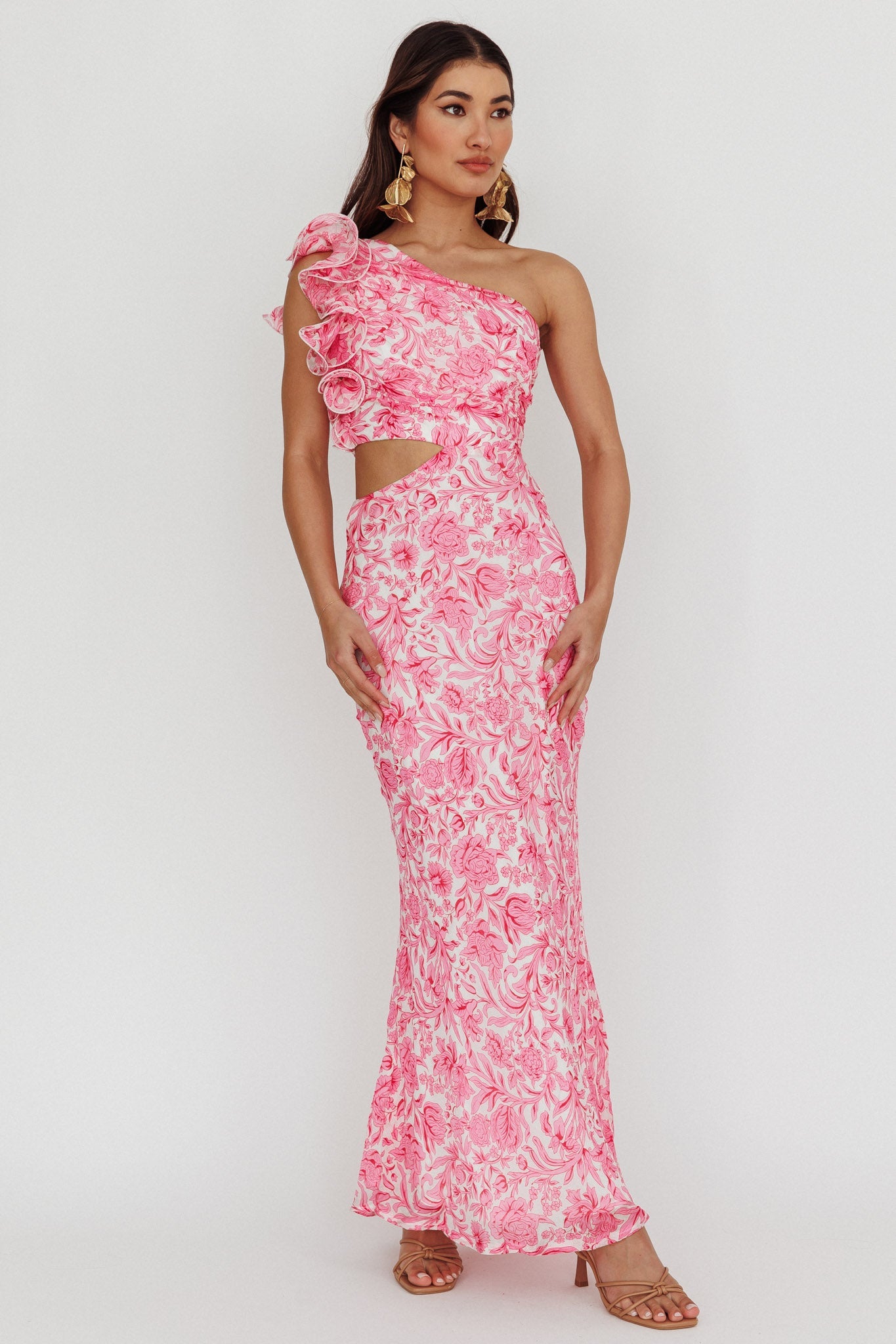 Abito midi monospalla con volant Deanna, rosa floreale