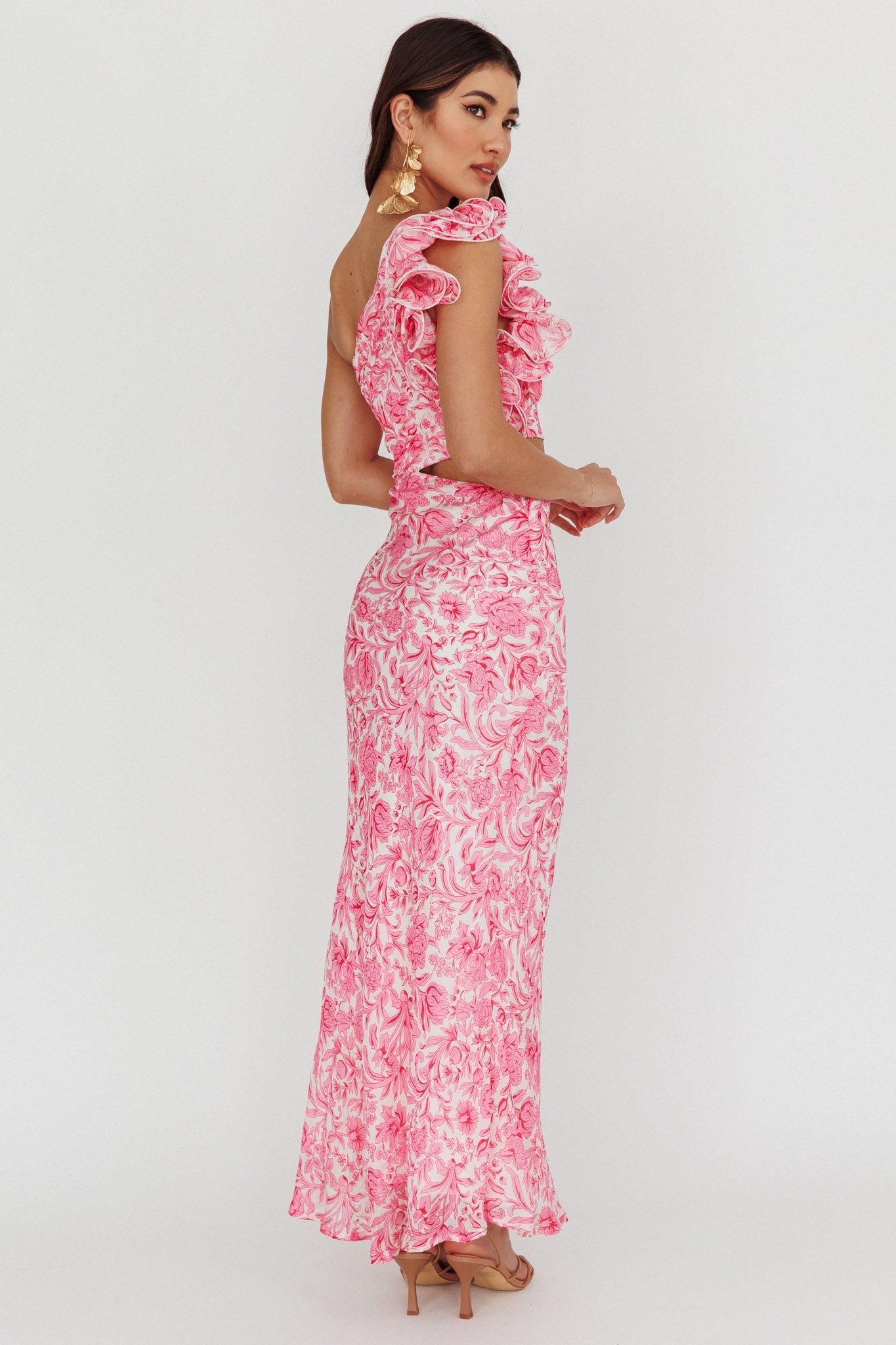 Abito midi monospalla con volant Deanna, rosa floreale