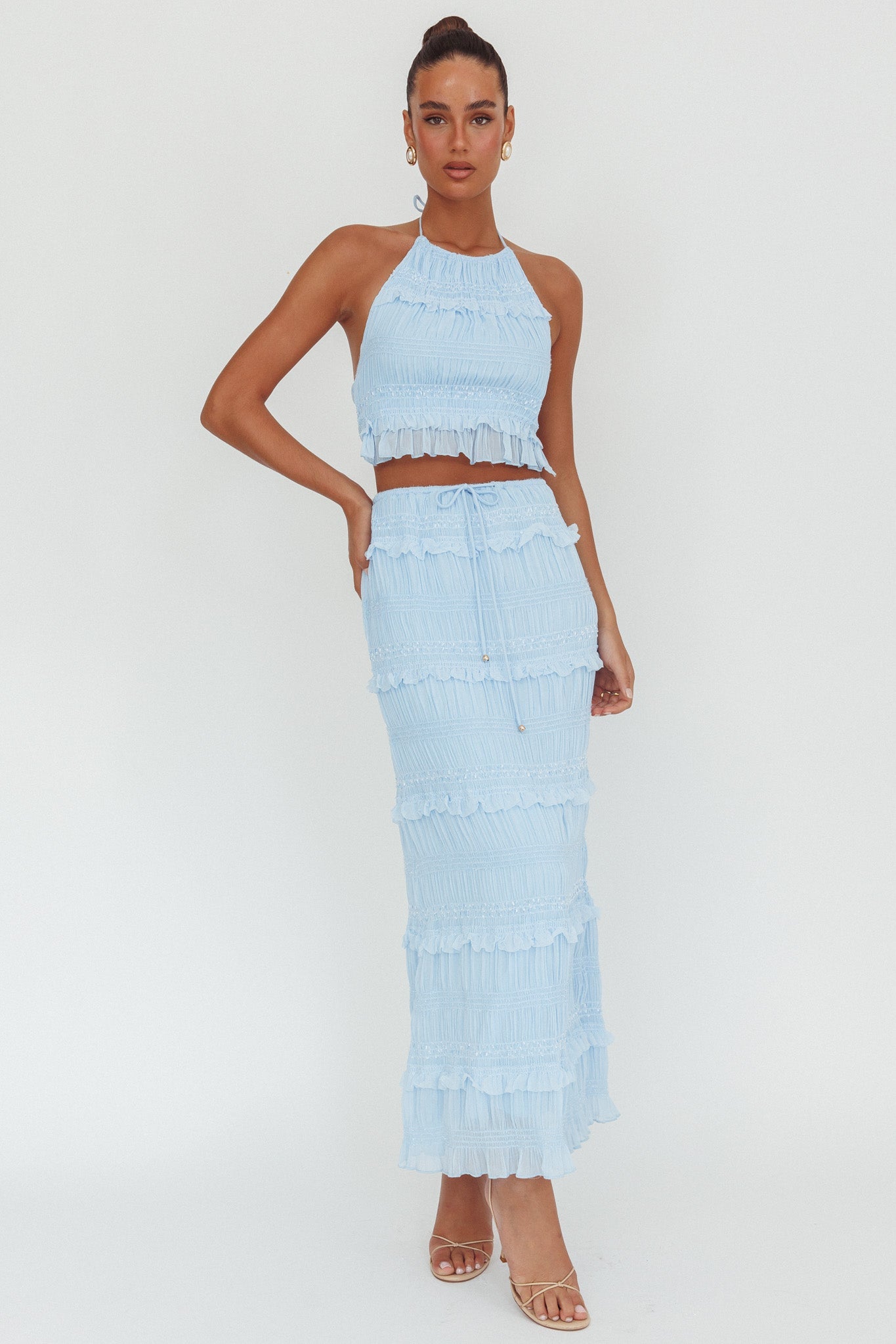 Gonna lunga con paillettes arricciate Helios blu