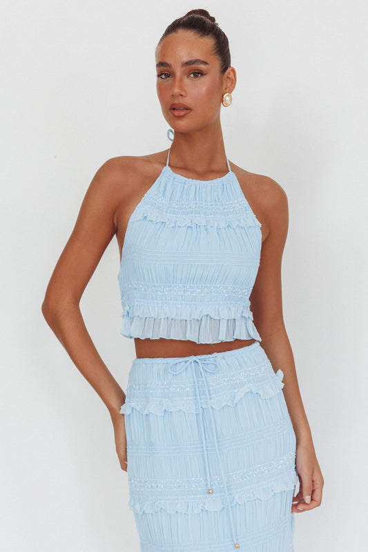 Top con scollo all'americana e paillettes arricciate Helios blu