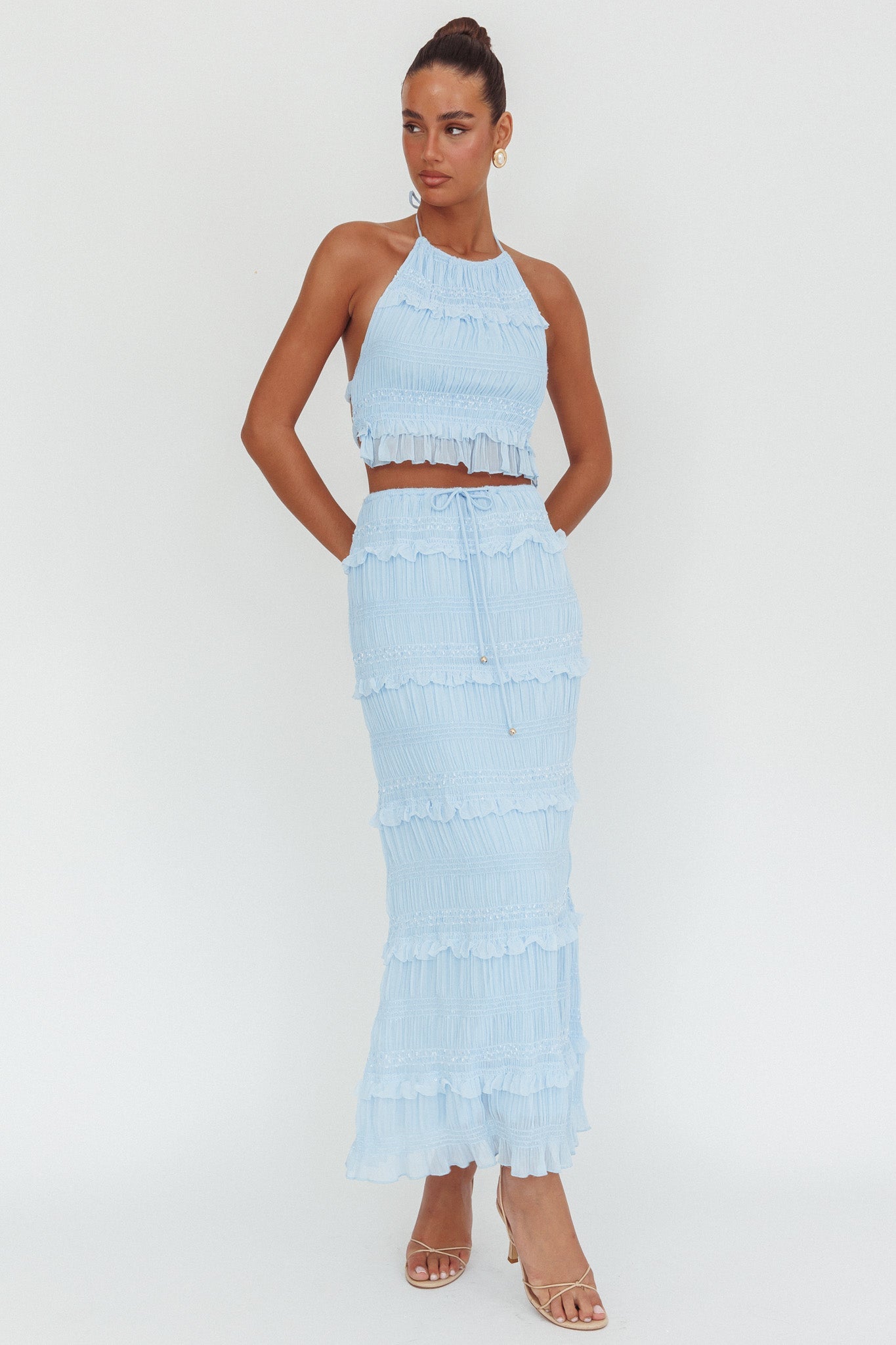 Top con scollo all'americana e paillettes arricciate Helios blu