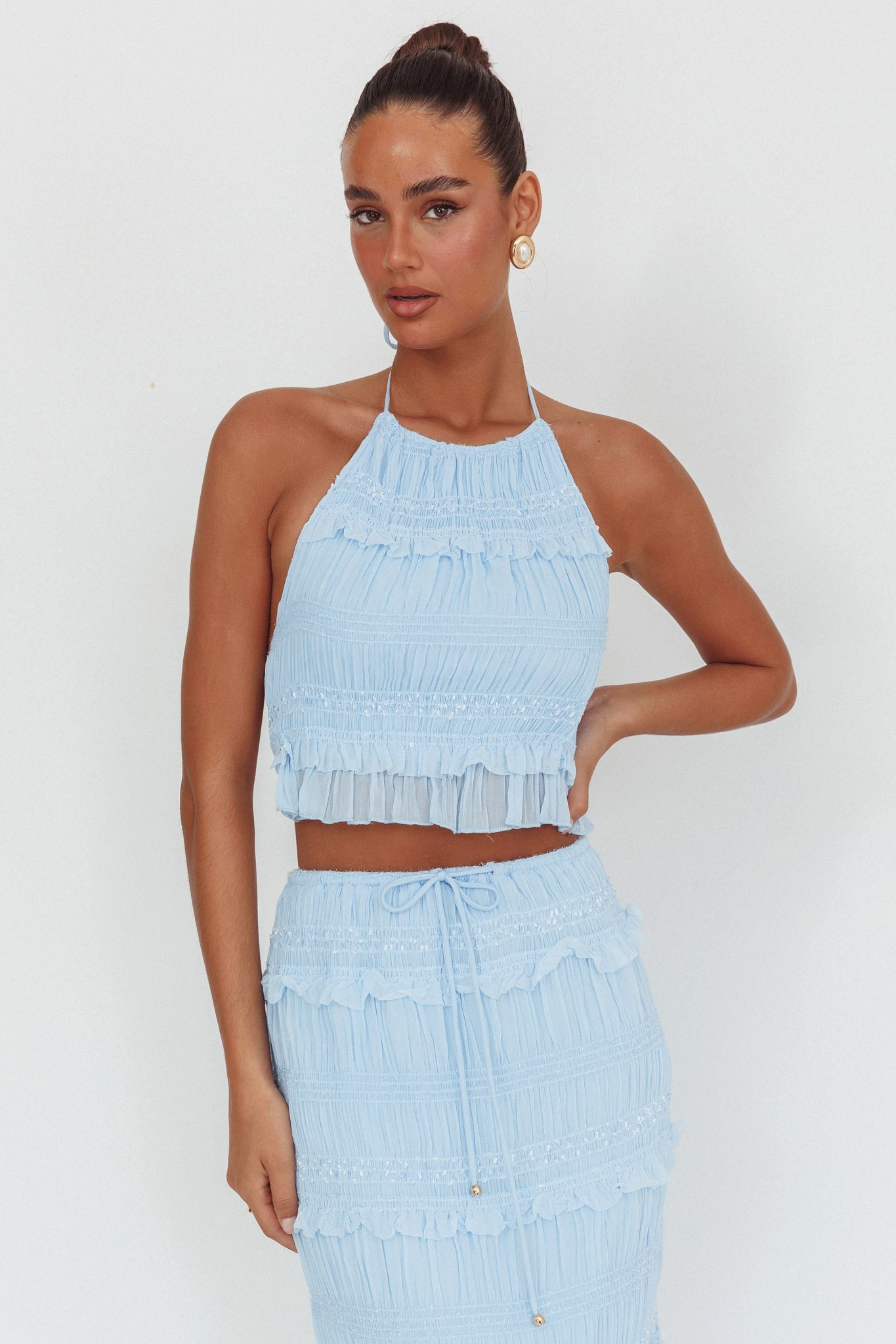 Top con scollo all'americana e paillettes arricciate Helios blu