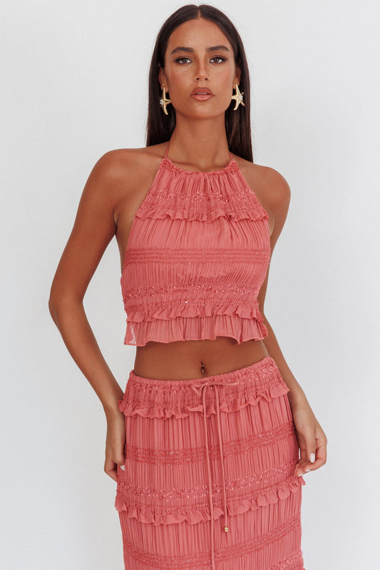 Top con scollo all'americana e paillettes arricciate Helios Rosa