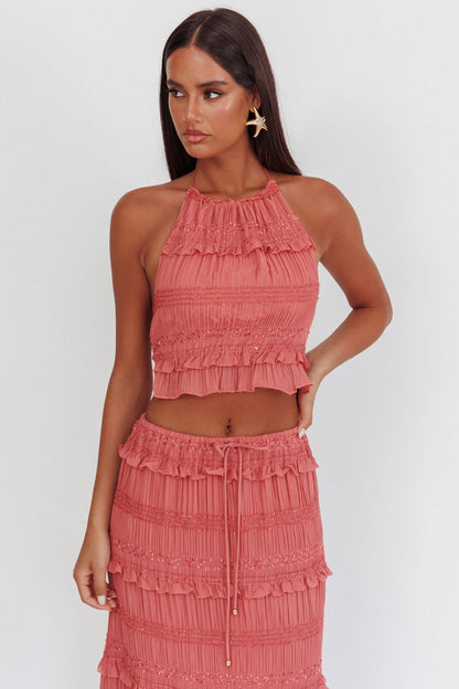 Top con scollo all'americana e paillettes arricciate Helios Rosa