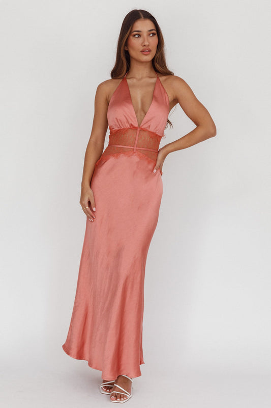 Abito lungo con scollo all'americana e pizzo Tarly, rosa