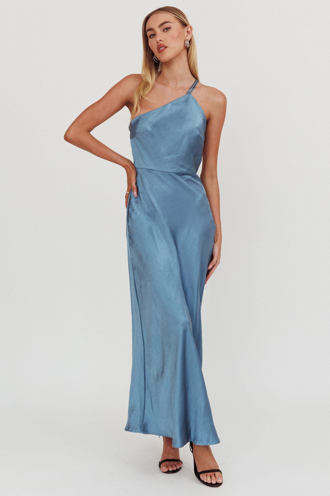 Abito monospalla con spalline sottili sulla schiena Aubrianna blu notte