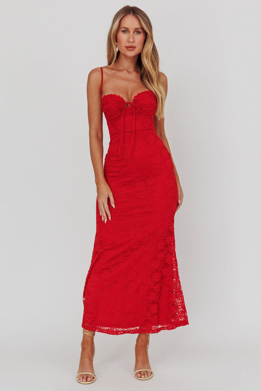 Abito lungo in pizzo con busto annodato Passione Cherry
