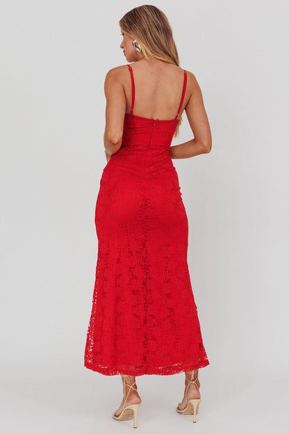 Abito lungo in pizzo con busto annodato Passione Cherry