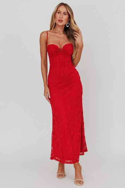 Abito lungo in pizzo con busto annodato Passione Cherry