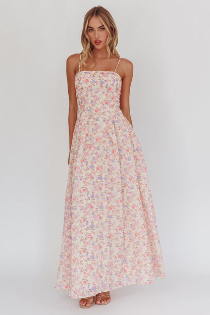 Abito lungo con vita basca Daisy Day floreale blu