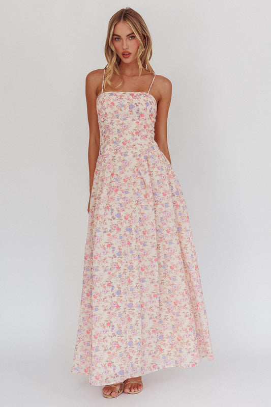 Abito lungo con vita basca Daisy Day floreale blu