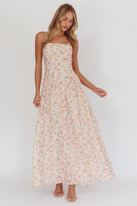 Abito lungo con scollo a basco e stampa floreale rosa Daisy Day