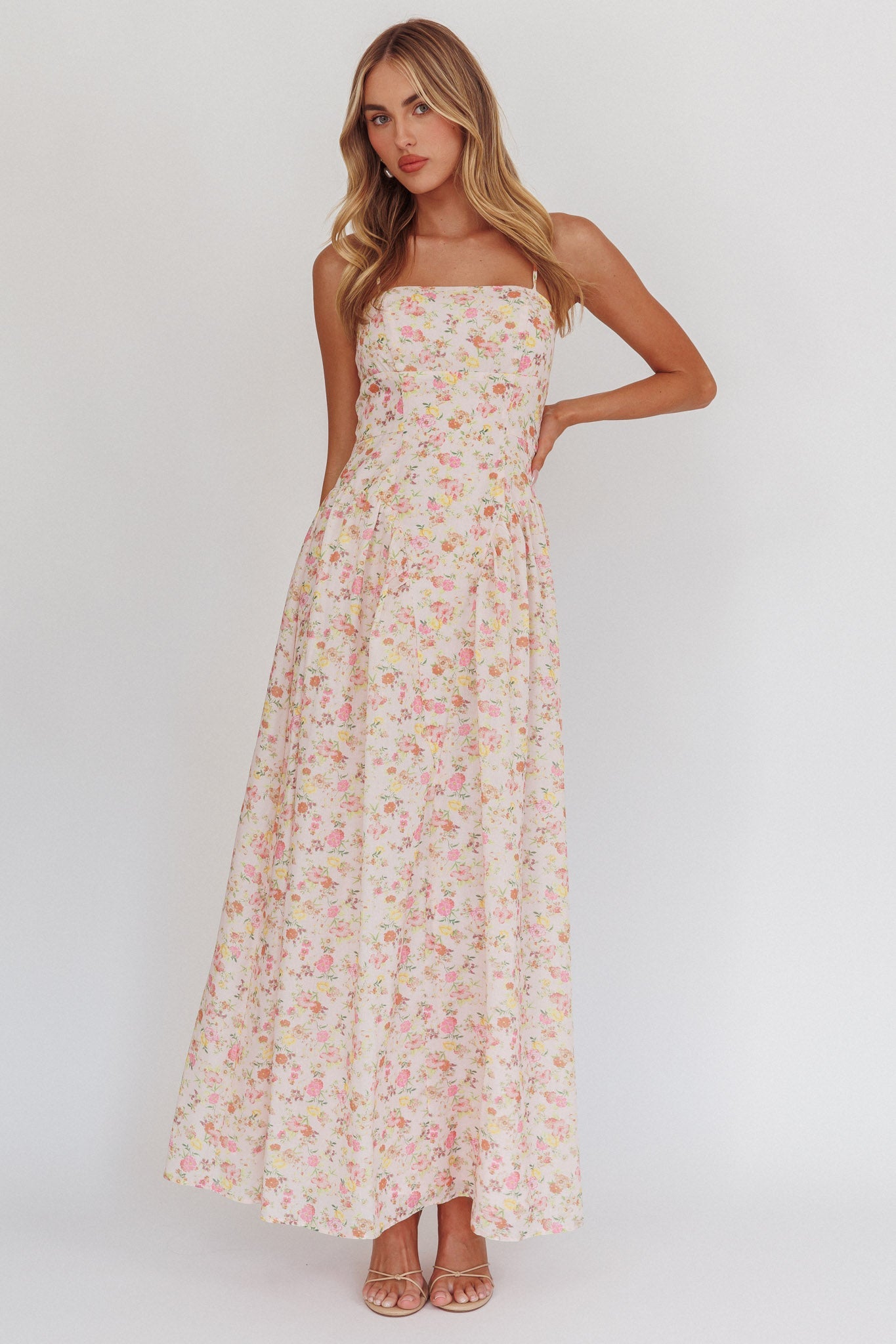 Abito lungo con scollo a basco e stampa floreale rosa Daisy Day