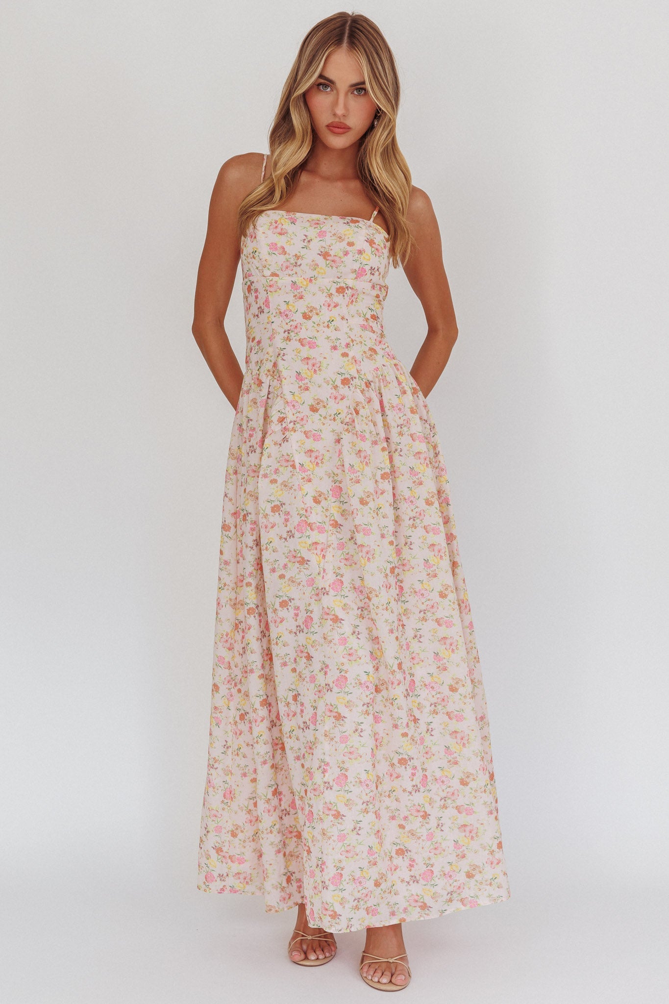 Abito lungo con scollo a basco e stampa floreale rosa Daisy Day