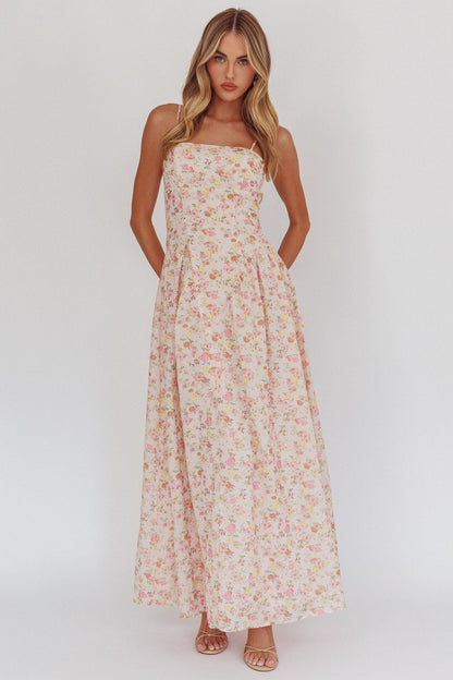 Abito lungo con scollo a basco e stampa floreale rosa Daisy Day