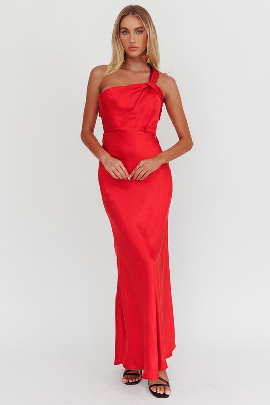 Abito lungo monospalla in raso Fly Love rosso