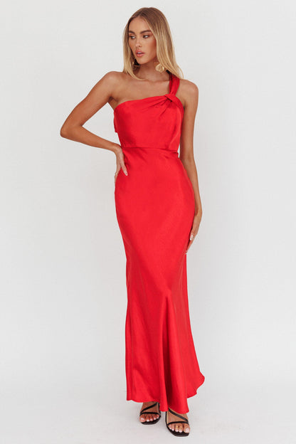 Abito lungo monospalla in raso Fly Love rosso
