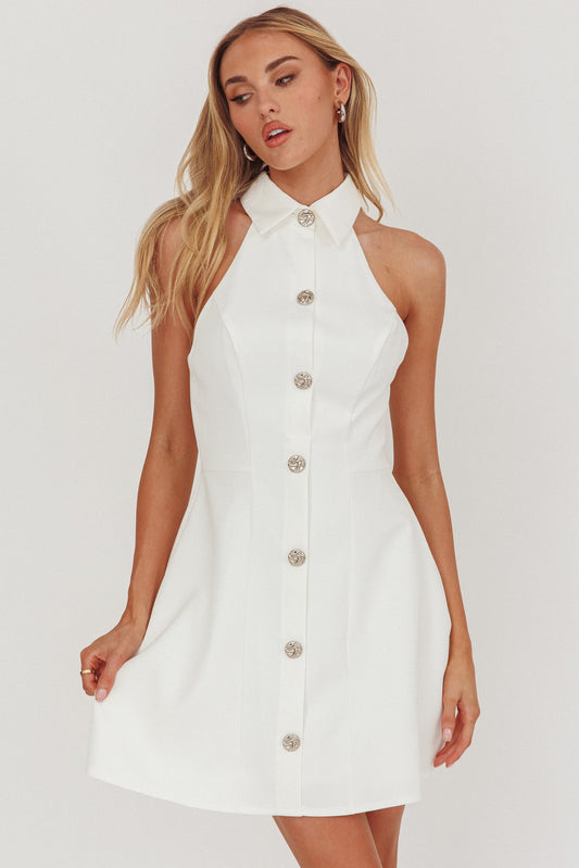 Mini abito bianco con scollo a V e colletto opulento