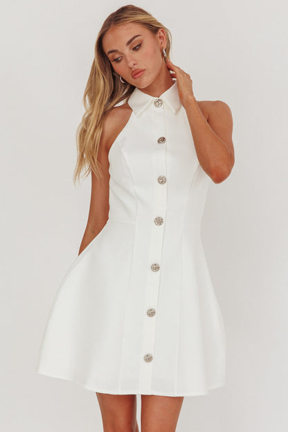 Mini abito bianco con scollo a V e colletto opulento