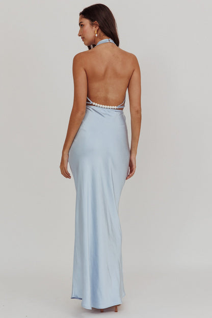 Abito lungo con spalline e scollo all'americana e perle Gelato blu
