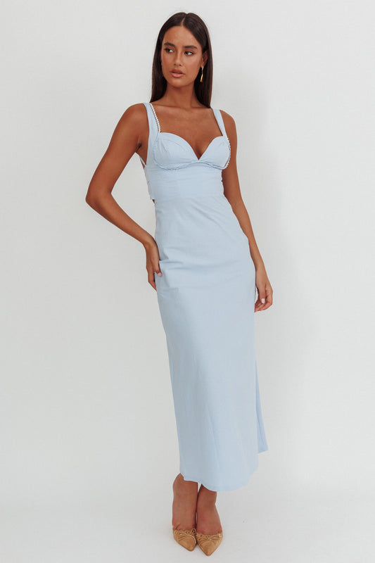 Abito lungo blu con schiena arricciata Moonlit Reverie