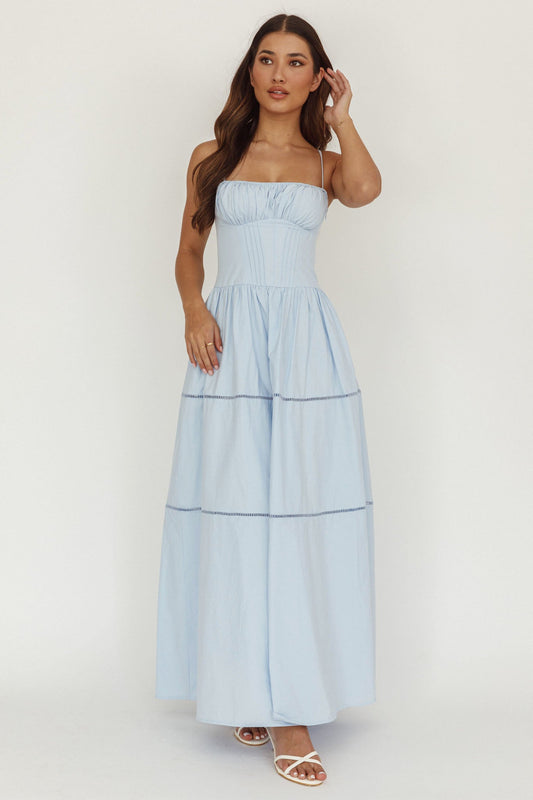Abito lungo a trapezio con scollo a V e arricciature Heavenly Glow, blu