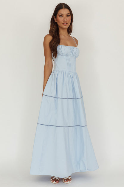 Abito lungo a trapezio con scollo a V e arricciature Heavenly Glow, blu