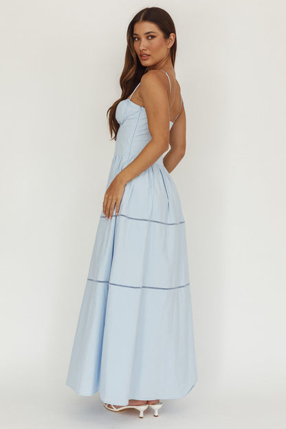 Abito lungo a trapezio con scollo a V e arricciature Heavenly Glow, blu