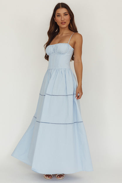 Abito lungo a trapezio con scollo a V e arricciature Heavenly Glow, blu