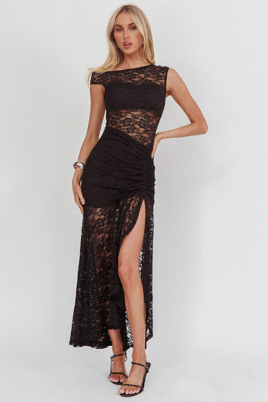 Abito lungo in pizzo con scollatura asimmetrica Moonlit Magic nero