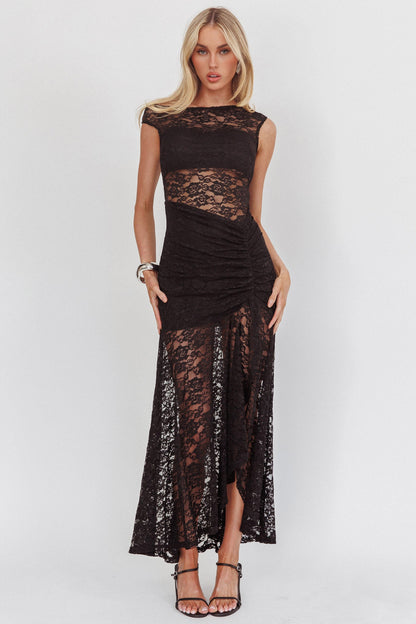Abito lungo in pizzo con scollatura asimmetrica Moonlit Magic nero