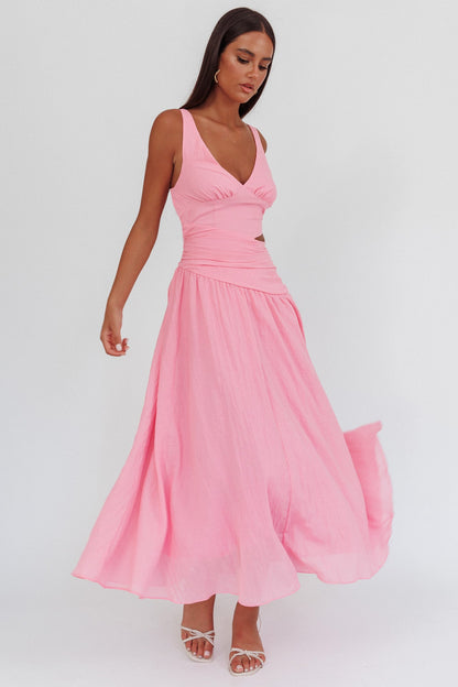 Abito lungo rosa con scollo a V e spalline sottili First Dates