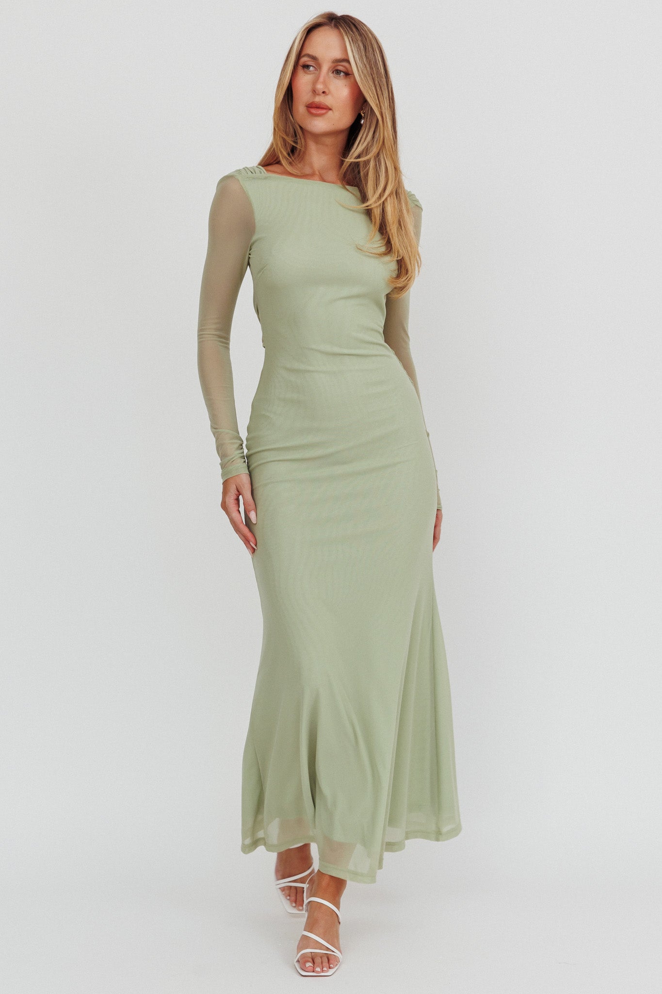 Abito lungo in rete con schiena scoperta Lustre Sage