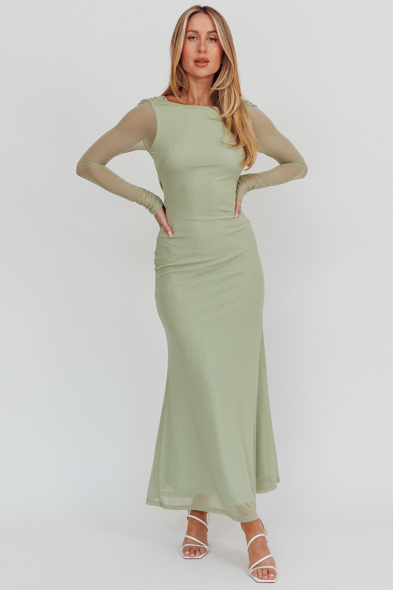 Abito lungo in rete con schiena scoperta Lustre Sage