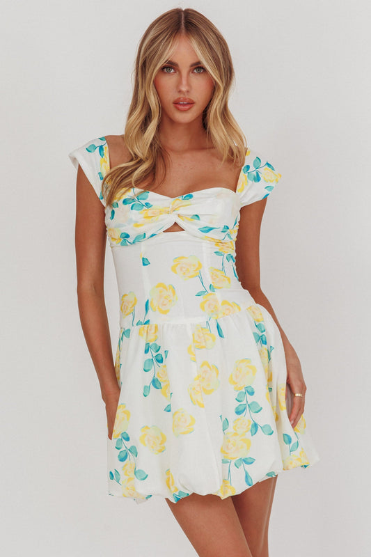 Cadi Twist Bust Balloon Mini Dress Floreale Giallo