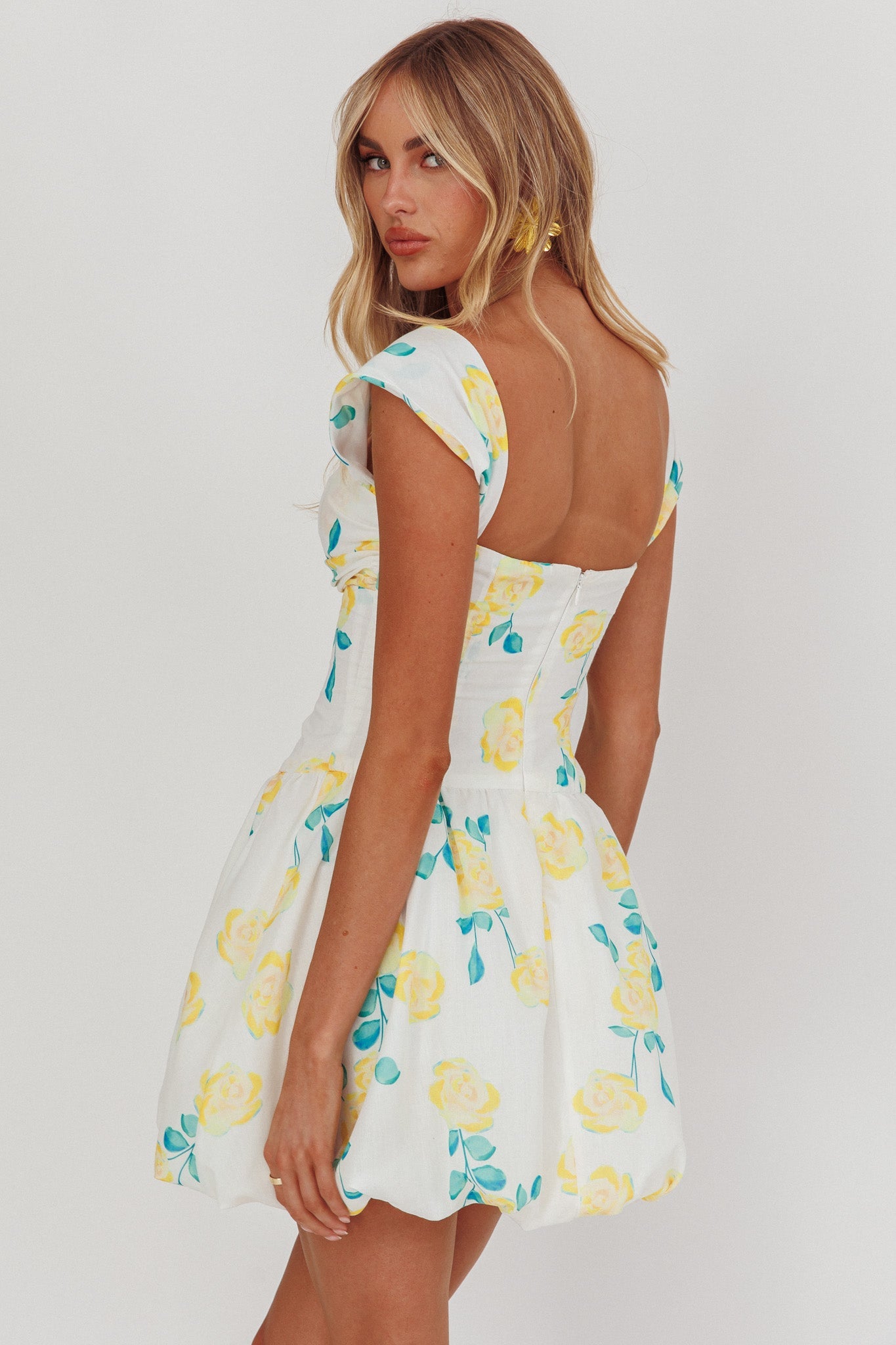 Cadi Twist Bust Balloon Mini Dress Floreale Giallo
