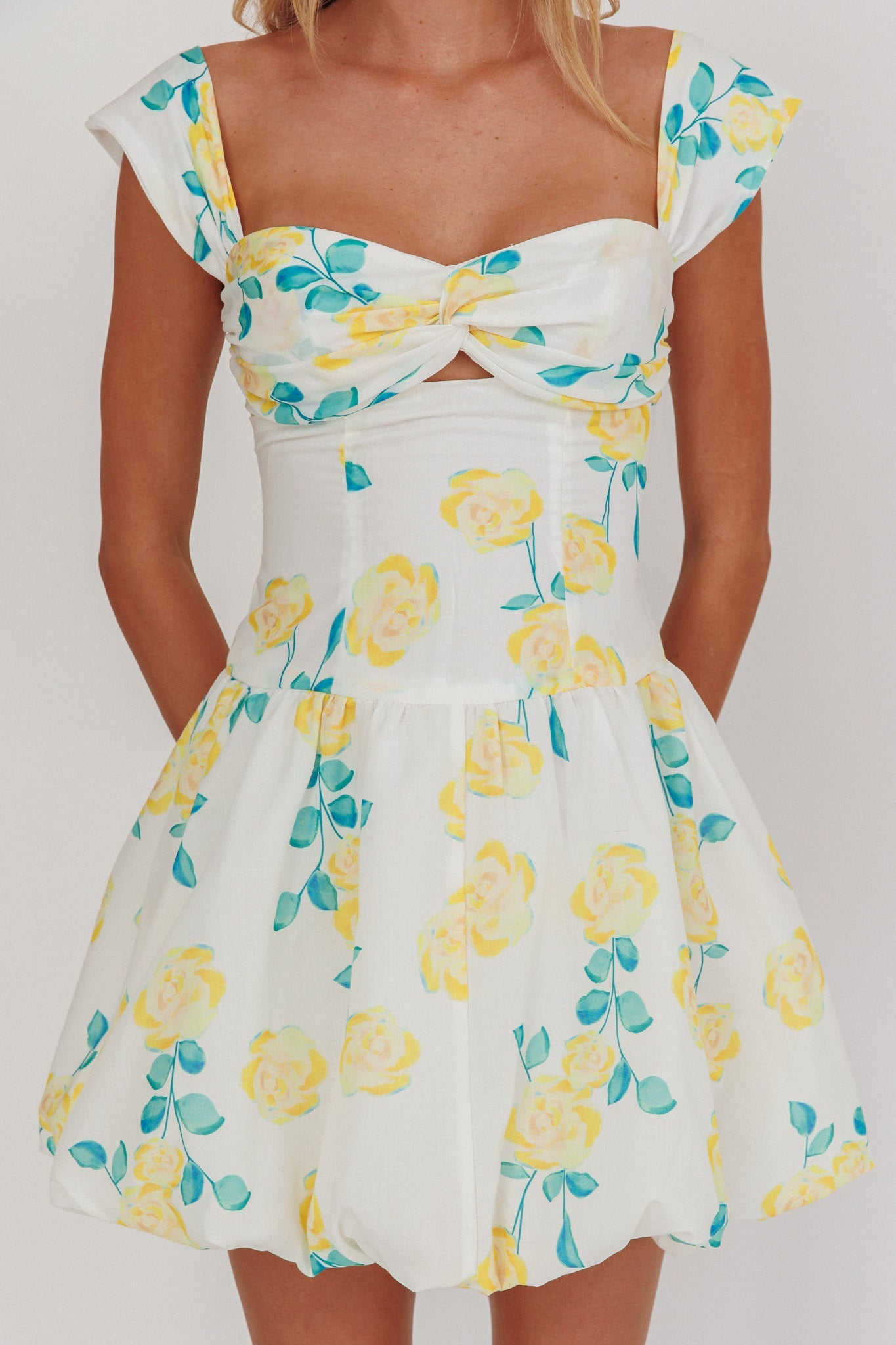 Cadi Twist Bust Balloon Mini Dress Floreale Giallo