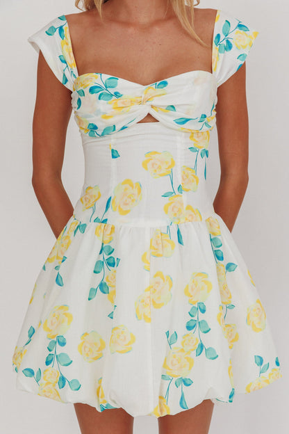 Cadi Twist Bust Balloon Mini Dress Floreale Giallo