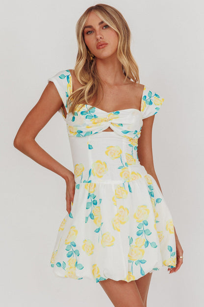 Cadi Twist Bust Balloon Mini Dress Floreale Giallo