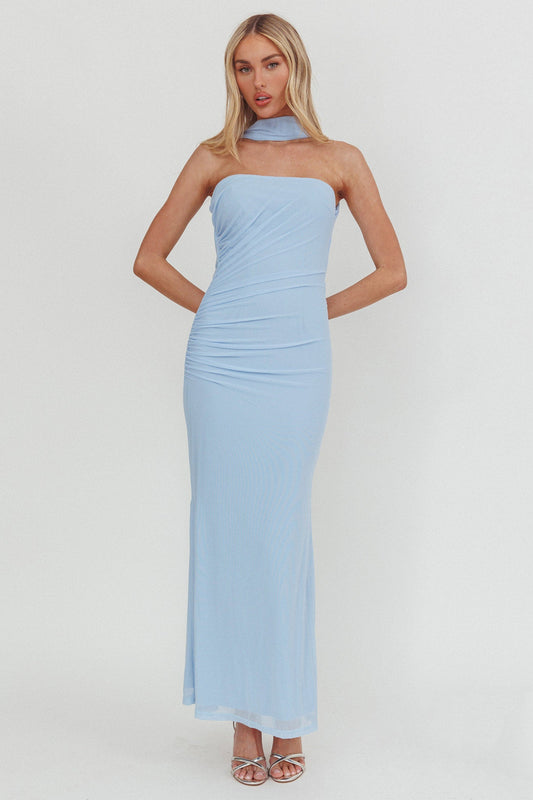 Truth Be Told Reverse Halter Maxi Dress Blu