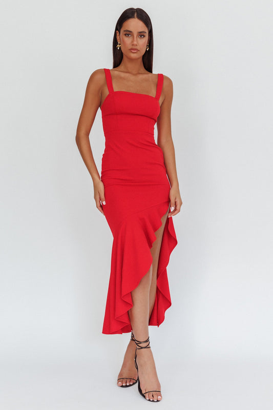 Vestito lungo rosso con orlo asimmetrico Delighted