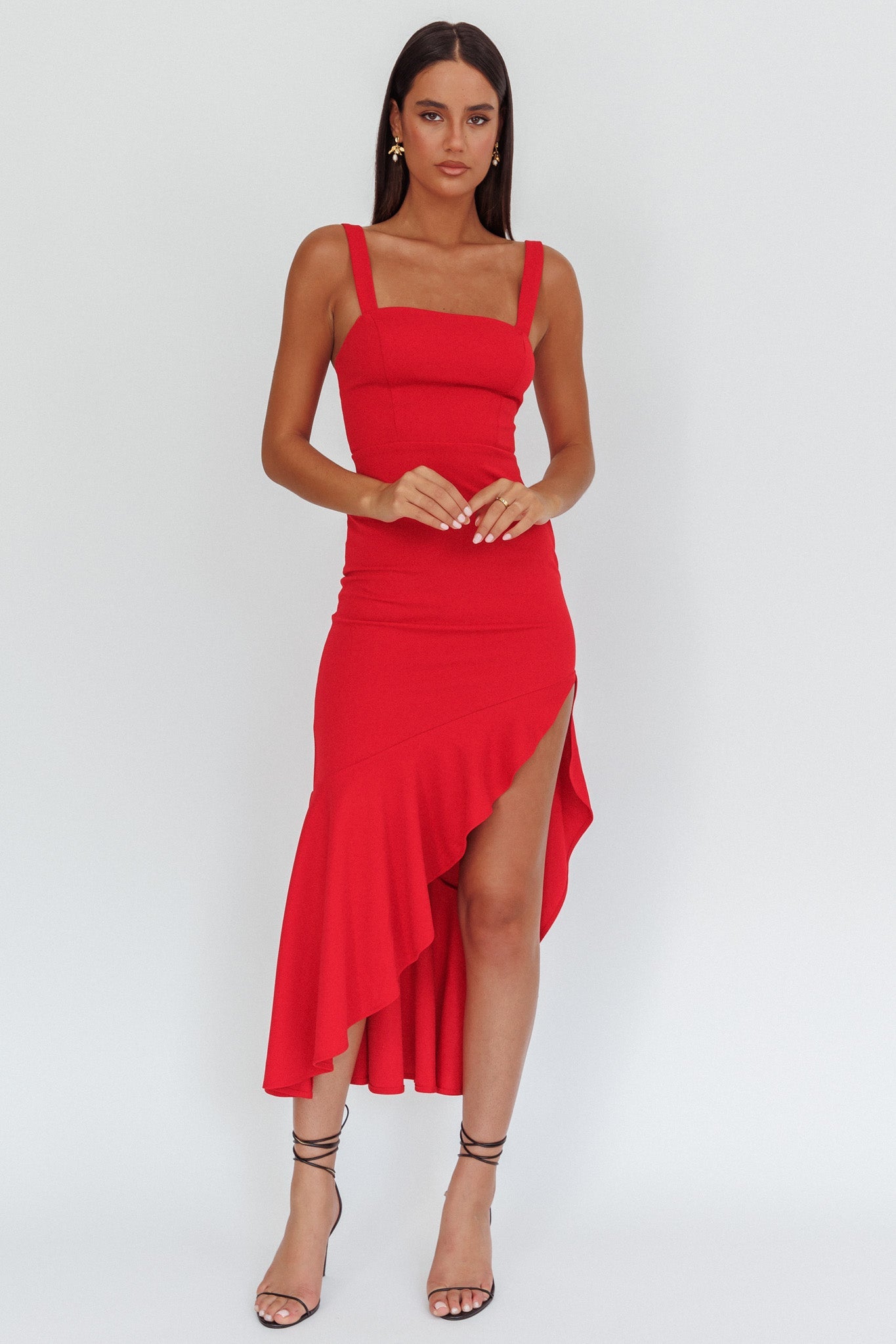 Vestito lungo rosso con orlo asimmetrico Delighted